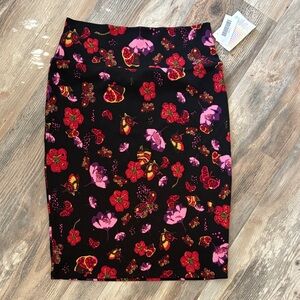 LuLaRoe Black Pencil Skirt with Red and Pink Floral Design
